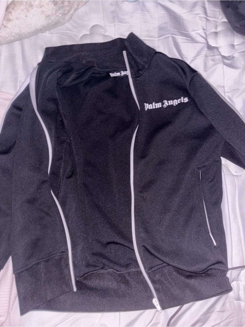 Palm Angels Black Zip-Up Track Sweater with White Piping